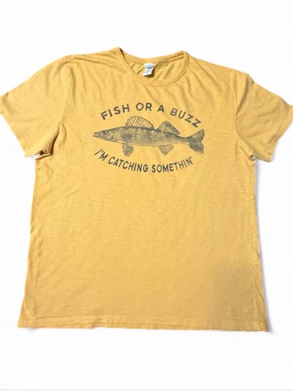 Funny Fishing Graphic T-Shirt XL Mustard Yellow Lake Life Outdoors Gorpcore